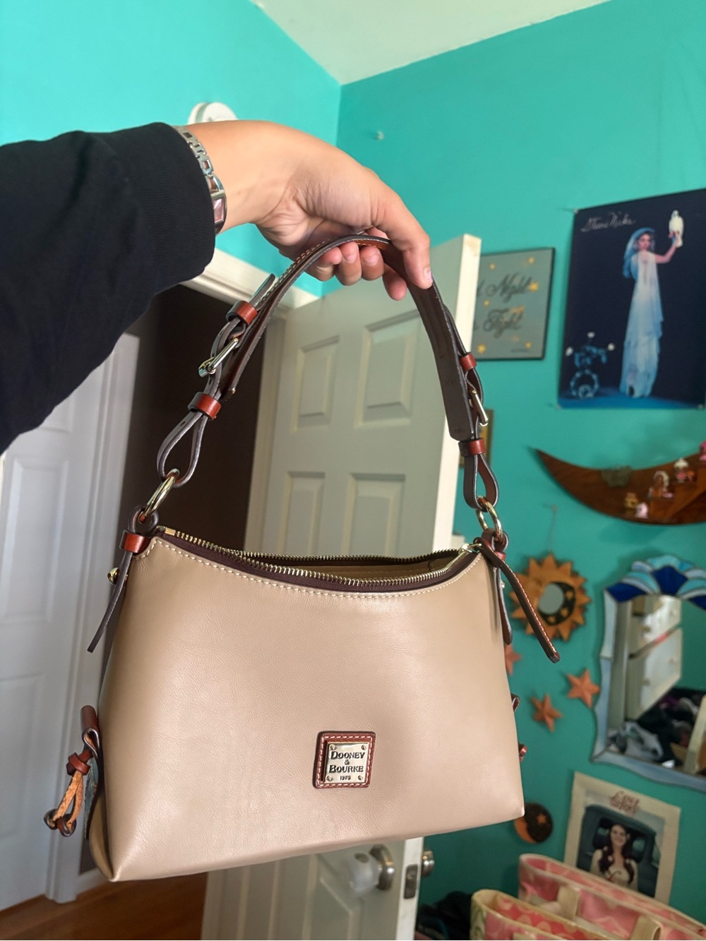 Dooney & Bourke Penrose Hobo 25 Leather Shoulder Bag Taupe/Beige